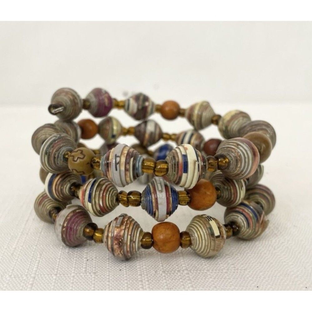 Rolled Paper Bead Wrap Bracelet Layered Wire Boho Chunky Multicolor Gold Tone